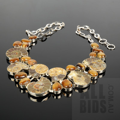 .800 Silver Necklace with Alternating Ammonite and Tigers Eye Drops