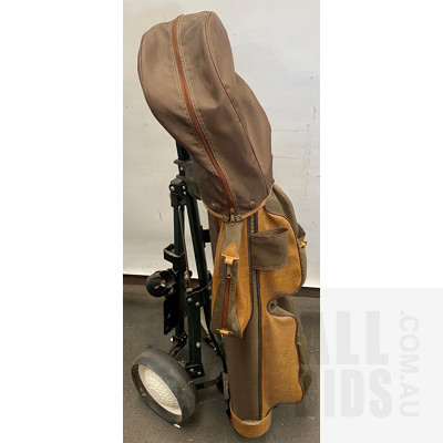 Vintage Brown Leather & Fabric Golf Bag with Golf Buggy & Clubs