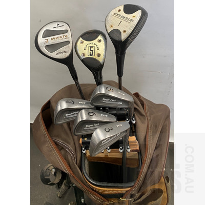 Vintage Brown Leather & Fabric Golf Bag with Golf Buggy & Clubs
