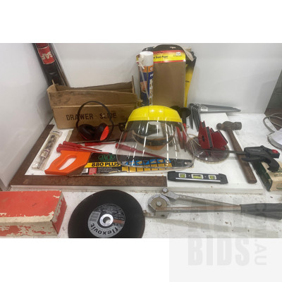 Bulk lot of Tools & Hardware, Including Saw Blades, Saws, Protective Gear