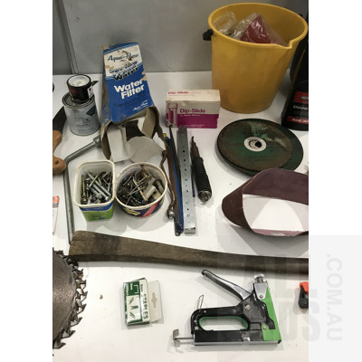 Assorted Tools And Hardware, Including Copper Tubing, Grease, Tech Screws, Grinding Wheels And Other Items