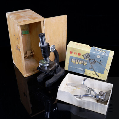Small Microscope in Wooden Box and Double Arrow Brand Clippers in Original Box