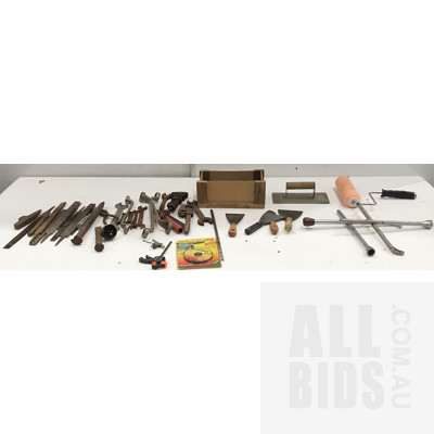Assorted Tools And Hardware, Including Vintage Tools, Tile Float, Wheel Braces, Cut Off Disk And Other Items