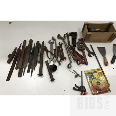 Assorted Tools And Hardware, Including Vintage Tools, Tile Float, Wheel Braces, Cut Off Disk And Other Items