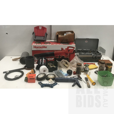 Assorted Tools And Hardware, Including Homelite Blower Vac, Assorted Drill Bits, Smelting Crucible  And Other Assorted Items