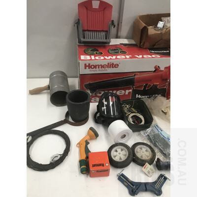 Assorted Tools And Hardware, Including Homelite Blower Vac, Assorted Drill Bits, Smelting Crucible  And Other Assorted Items