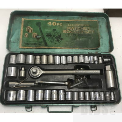 Assorted Vintage Tools And Hardware, Including Circa 1950 SAE Socket Set, Drill Press And Clamp, Pillow Bearings And Sharpening Stone On Block