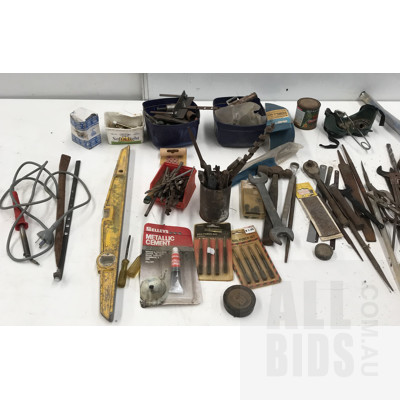 Assorted Vintage Tools And Hardware, Including Spirit Level, Drills Bits, Stilson Wrenches, Spanners And Soldering Irons