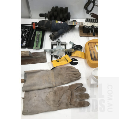 Assorted Vintage Tools And Hardware, Including Stanley Hand Drill, Spirit Level, Augur Drills Bits, Mitre Saw, And Welding Gauntlets