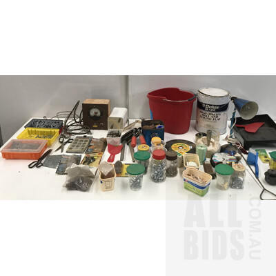 Assorted Tools And Hardware Including Various Size Fasteners, Boxes Of Galvanised Nails, And G-Clamps