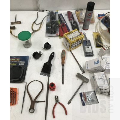 Assorted Tools And Hardware Including Vintage Coping Saw, Drill Bits, Plumbing Accessories, Tools, And Ford Mudlflap