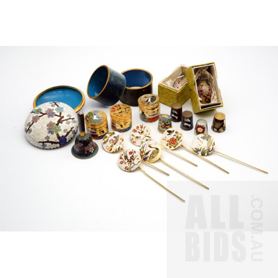Large Collection of Chinese Cloisonne Miniatures, Including Vases, Bell, Napkin Rings and More