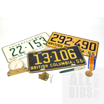 Vintage Swiss Looping 7 Jewel Desk Clock, Sheffield Fountain Pen, Three Vintage Number Plates and a World War One Medal