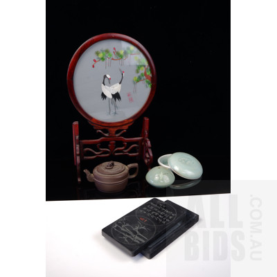Chinese Silk Embroidery Depicting Cranes, Yixing Teapot, Two Celadon Incense Holder and Ink Box and Engraved Inkstone