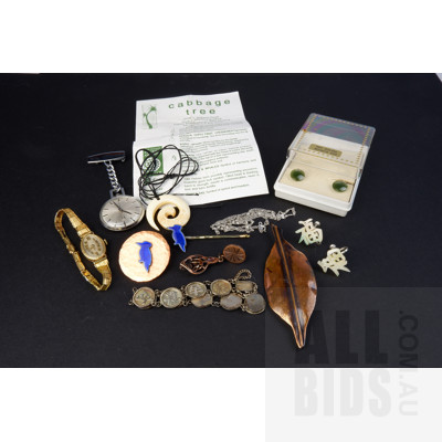Sterling Silver Necklace, Tissot Nurses Clock, Copper and Enamel Kookaburra Brooch, Canadian Copper Leaf Brooch and More