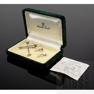 Boxed Mikimoto Sterling Silver and Pearl Southern Cross Brooch with Pair of Similar Earrings