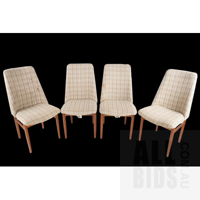 Four Retro Burgess Furniture Teak and Fabric Upholstered Dining Chairs