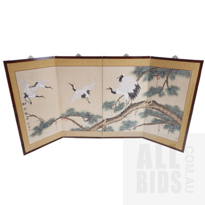 Chinese Four Panel Ink on Paper Painting Depicting Cranes