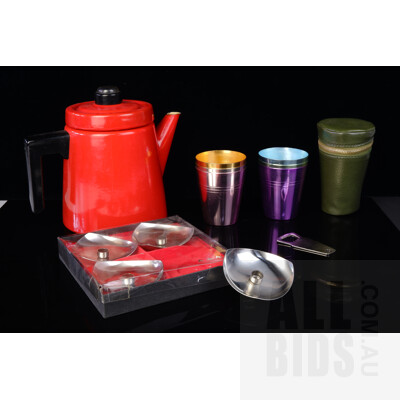 Boxed Set of Four Danish DKF Lundtofte Candle Lantern, Anodised Travel Cups and Finel Enamelled Coffee Pot