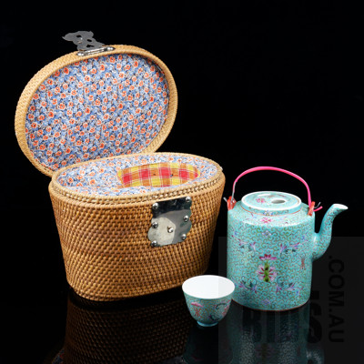 Chinese Famille Rose Porcelain Teapot and Cup in Wickerwork Basket