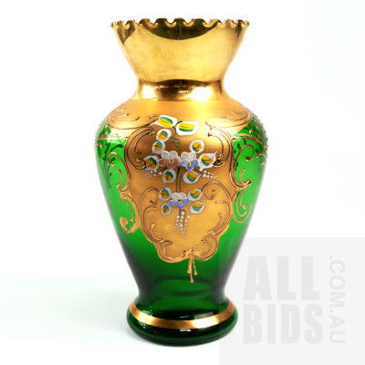 Venetian Glass Vase with Hand Decorated Floral and Gilt Finish