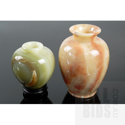 Green Alabaster Vase on a Fitted Stand and Another Polished Alabaster Vase