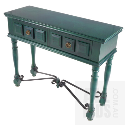 Contemporary Green Painted Pine Hall Table with Wrought Metal Base