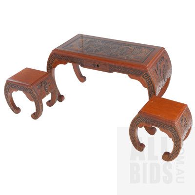 Contemporary Chinese Profusely Carved Kang Style Coffee Table with Nesting Stools