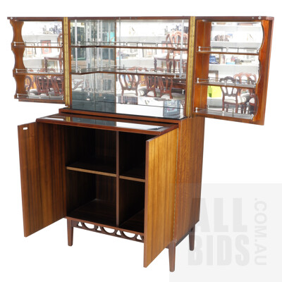 Retro Style Drinks Cabinet with Mirror Backed Internal Shelving and Smoked Glass Sliding Drinks Shelf