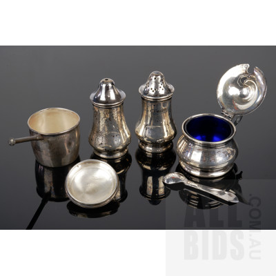 Pair of Birmingham Sterling Silver Salt and Pepper Pots, Birmingham Sterling Silver Cruet with Cobalt Blue Glass Liner and Birmingham Sterling Silver Jam Pot with an Enamel Badge