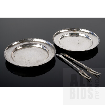 Pair of Chinese Silver Dishes with Hammered Finish with Two Chinese Silver Oyster Forks