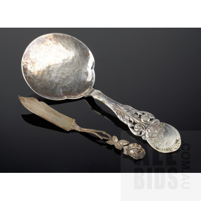 European .830 Silver Serving Spoon with Another .835 silver Cheese Knife, 97g