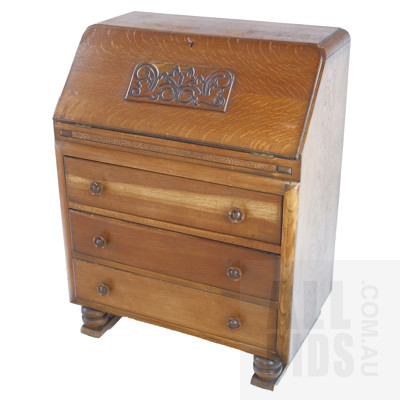 Oak Writing Bureau with Carved Drop Front and Bun and Rail Feet, Mid 20th Century 