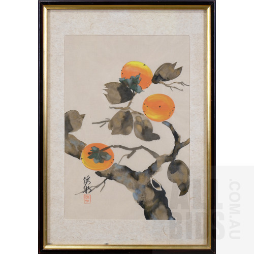 Framed Chinese Ink on Silk Painting, Persimmons, 30 x 20 cm