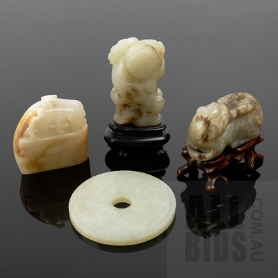 Chinese Serpentine Figure of a Sage, Chinese Archaistic Style Serpentine Seal, Carved Serpentine Disc and Another