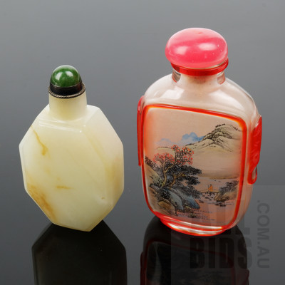 Chinese Serpentine Snuff Bottle with Chinese Inside Painted Snuff Bottle