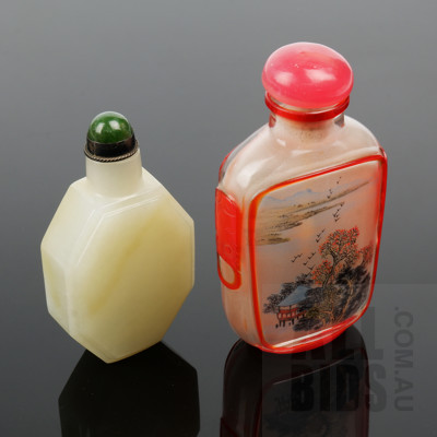 Chinese Serpentine Snuff Bottle with Chinese Inside Painted Snuff Bottle