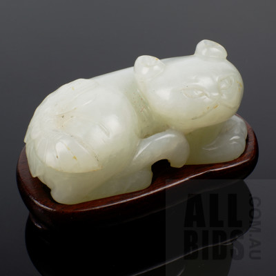 Chinese Jade Carving of a Lounging Cat with Butterfly