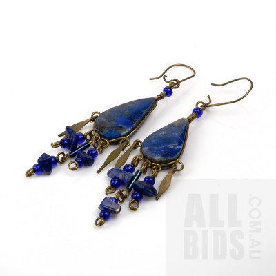 Pair of Lapis Lazuli Prism Earrings with Beads and Lapis Drops