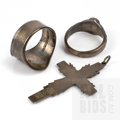 Two Scandinavian .813 Silver Rings and Scandinavian .813 Silver Cross Pendant