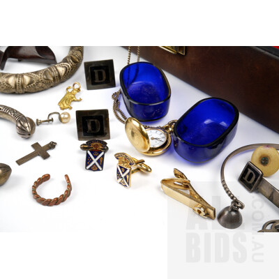 Pair of Gents Cuff Links, Twisted Copper Ring, Cobalt Blue Open Salt Glass Liners and More
