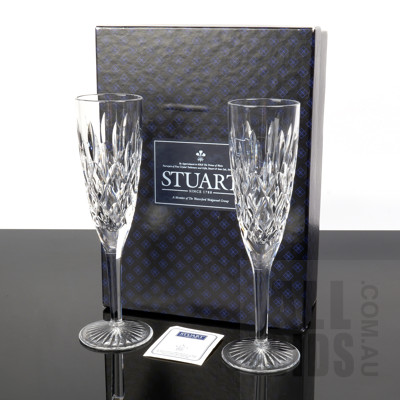 Pair Stuart Crystal Tewkesbury Champagne Flutes in Original Box