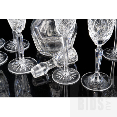 Collection Stemware Including Four Waterford Crystal Champagne Flutes, Another Waterford Flutes Two Stuart Crystal Glasses and Stuart Decanter with Stopper