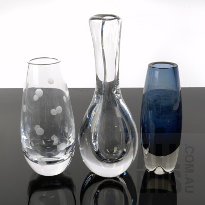Goran Warff Teardrop Vase for Kosta Boda and Two Other Art Glass Vases