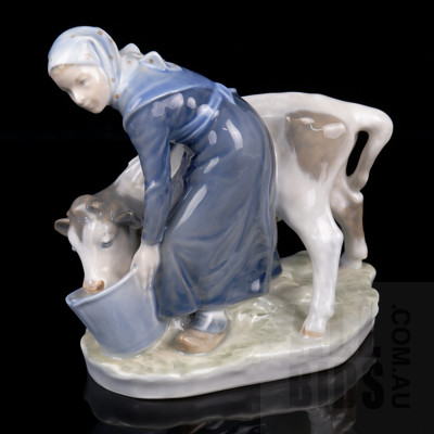 Royal Copenhagen Ceramic Statue of Milk Maid Milking a Cow