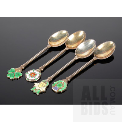 Four Sterling Silver and Enamel Teaspoons Decorated with the Tudor Rose, Welsh Daffodil, Irish Shamrock  and Scottish Thistle, Birmingham, 1949