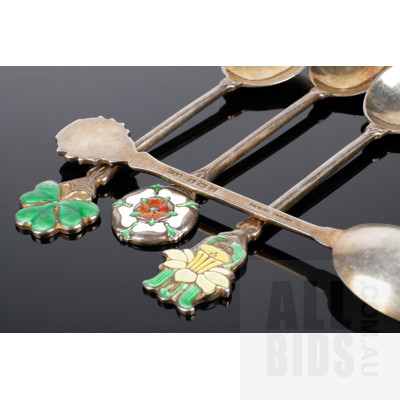 Four Sterling Silver and Enamel Teaspoons Decorated with the Tudor Rose, Welsh Daffodil, Irish Shamrock  and Scottish Thistle, Birmingham, 1949