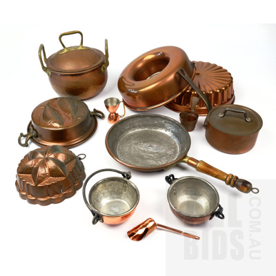 Collection Vintage Copper Kitchen Ware Including Jelly Moulds, Berczi Australian Copper Fry Pan, Lidded Crock and More