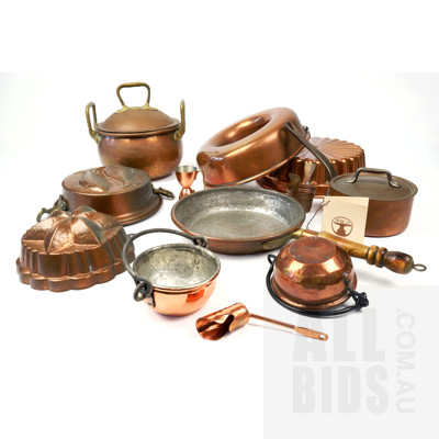 Collection Vintage Copper Kitchen Ware Including Jelly Moulds, Berczi Australian Copper Fry Pan, Lidded Crock and More