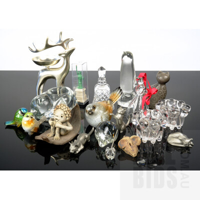 Collection of Items Including Swarovski Crystal Mousse, Ceramic Bird Figures, Crystal Bell, Glass Animals and More